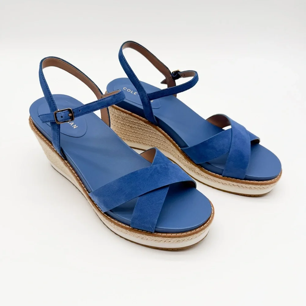 Cole Haan Cloudfeel Silvee Espadrille Wedge Suede Sandals Comfort Blue 8.5 NEW